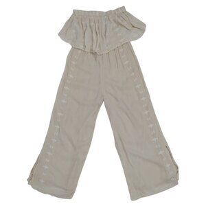 Women's beige offthe-shoulder ruffle jumpsuit with embroidered detail, wide leg